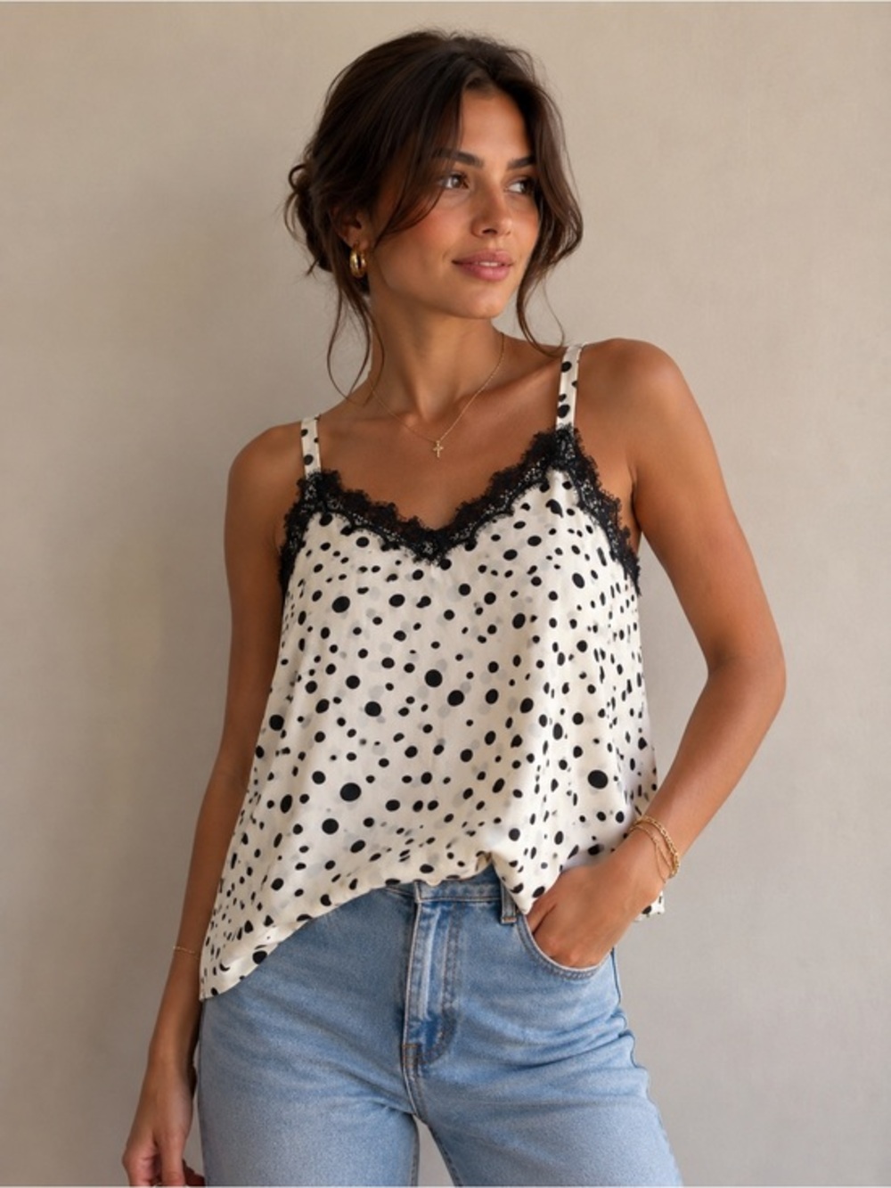 Bar III Ivory and Black Polka Dot Lace-Trim Cami